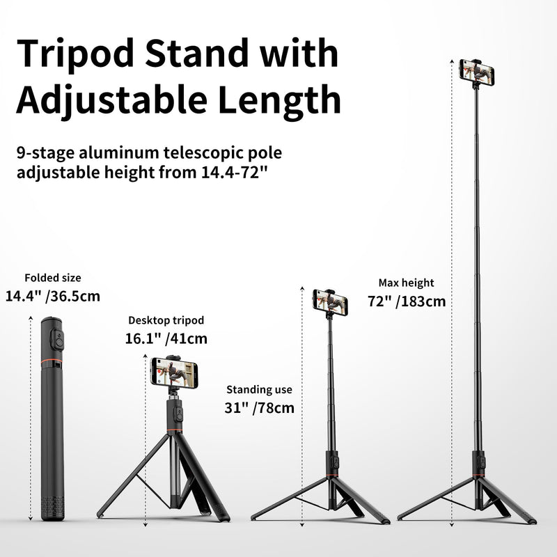Joyful 72" Phone Tripod & Selfie Stick,Extendable Cell Phone Tripod Stand with Wireless Remote Control and Cold Shoe Mount,Compatible with iPhone and Samsung Android for Video/Photo/Vlog (Black)