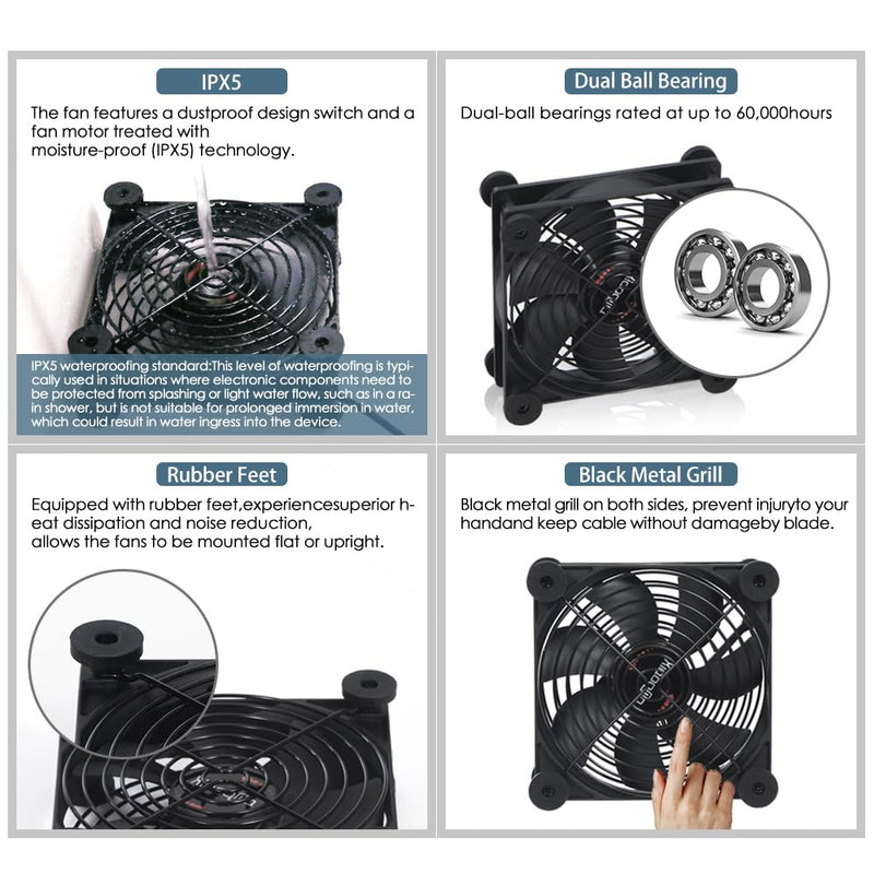 Dual 120mm Fan - 10 Speed USB 5V/DC 12V IPX5 Waterproof, Portable Cooling for Tablet, TV Receiver, Router, DVR, Xbox, Greenhouse, Kennel & PC/Computer Cabinet Component