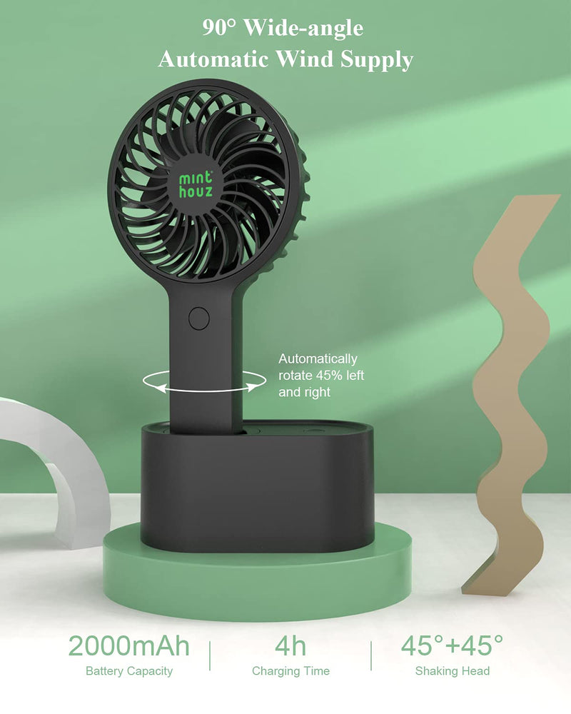 Minthouz Handheld Fan, 90° Automatic Head Shaking Personal Fan with Rotating Base, 3 Speed Adjustable Portable Fan Rechargeable Desk Fan with 2000mAh Built-in Battery, Mini Fan for Office/Home/Outdoor Black