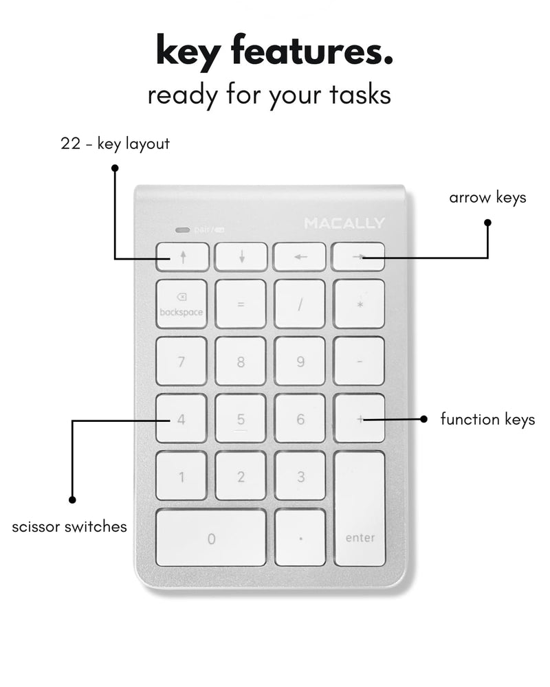 Macally Bluetooth Number Pad for Laptop - Wireless Numeric Keypad - 22 Key Numeric Keypad for Data Entry, Numpad Compatible with Mac, iMac, MacBook, iPad, iPhone, iOS, Laptop, PC, Android - Silver