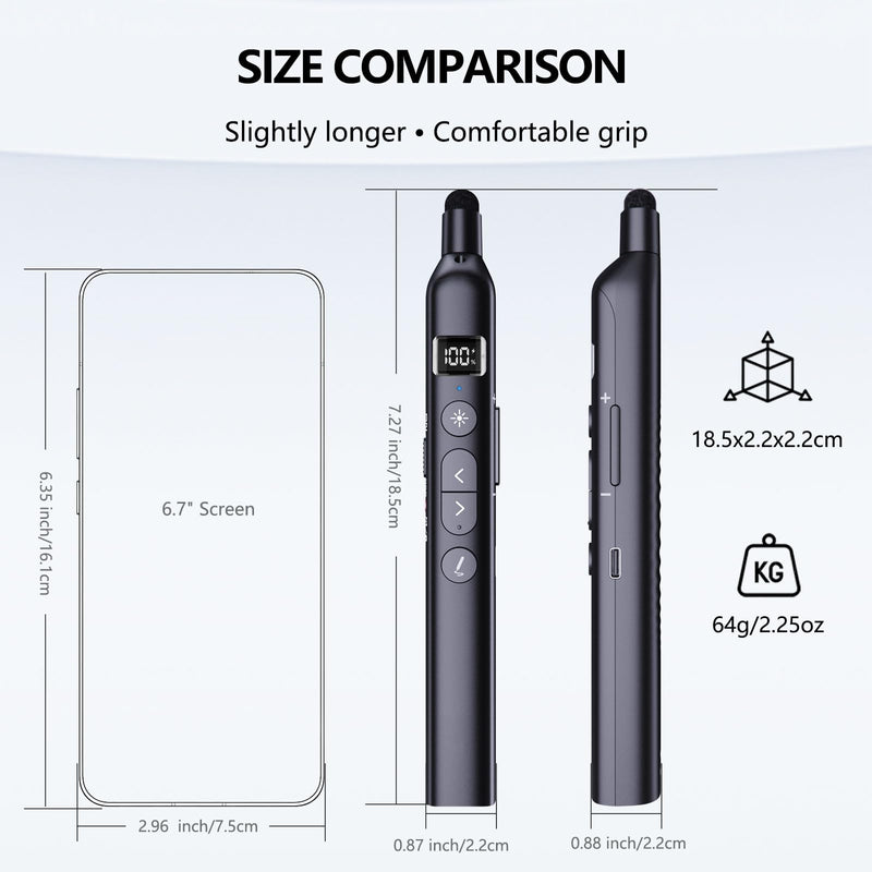 N21 Bluetooth Presentation Clicker for PowerPoint with Retractable Pointer | ①Laser Pointer②Telescopic touch pen③Countdown timer, vibration alert ④Customizable Button ⑤Rechargeable;battery level display Black - Green Pointer