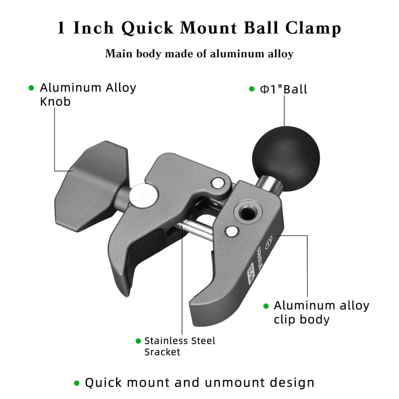 FANAUE Handlebar Base Mount Strong Rod Clamp with 1'' Ball for Rails 0.5" to 2.0" in Diameter, Compatible with RAM Mounts B Size Double Socket Arm & Bike Motorcycle Phone Mount Holder