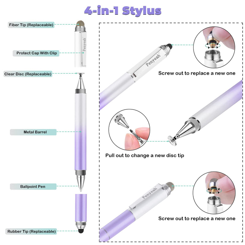 Penyeah Stylus Pen for iPad/iPhone/Android (4 in 1),Universal Touch Screen Disc Tip/Mesh & Rubber Tip Stylist Pen for All Capacitive Phones/Tablets/Laptops-Dream Purple Dream Purple