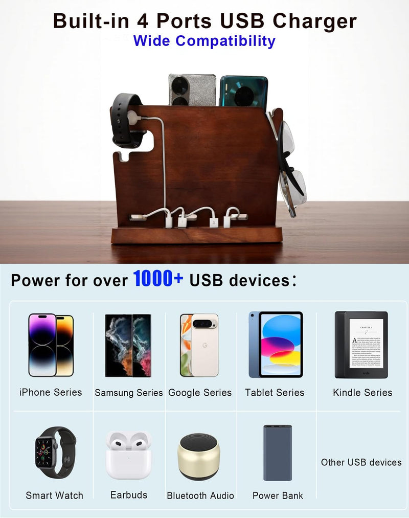 Wood Phone Docking Station with 4 USB 22.5W PD & QC3.0 Fast Charger,Nightstand Organizer for Men, Dual Phone Charging Station for iPhone Samsung Google Android,Anniversary Birthday Gifts for Men Him 8808