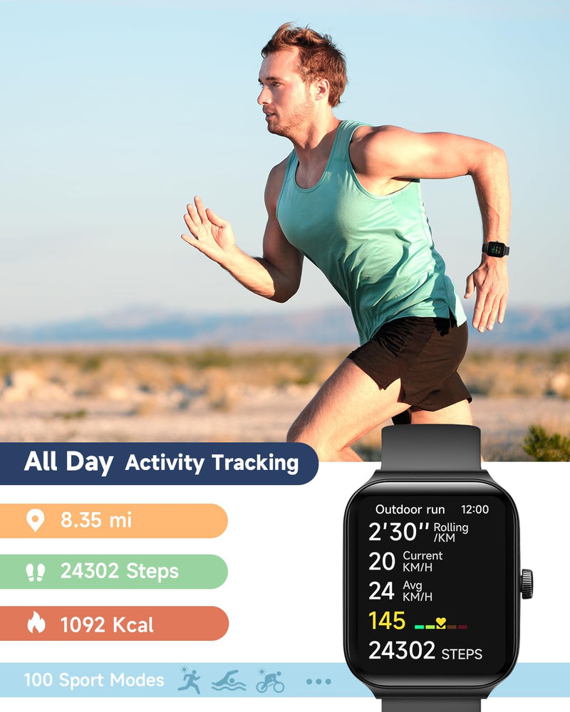 1.95" Smart Watch for Men Women with ALEXA, Fitness Watch for Android iOS | Call Function, Message Notifications, Pedometer, Heart Rate, Sleep Monitor, 100 Sport Modes, IP68 Waterproof, 100 Watch Faces Black