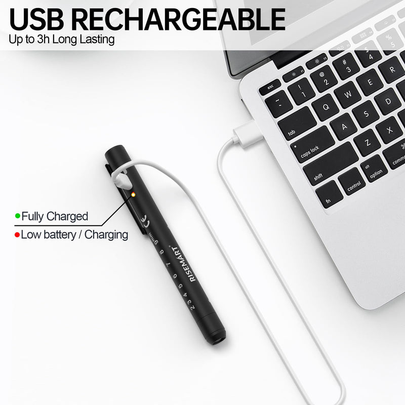 RISEMART Pupil Light Diagnostic Light with Pupil Meter and Ruler, Warm/Cool White, Rechargeable USB LED Pen Lamp for Nurses, Students, Doctors (Black) black