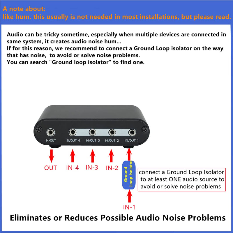4-Way 3.5mm Stereo Audio Switch Input Signal Source Switcher Selector Splitter Box with line Volume Controller (4 in 1 Out / 1 in 4 Out) -MC41 4-port 3.5mm Switch with volume