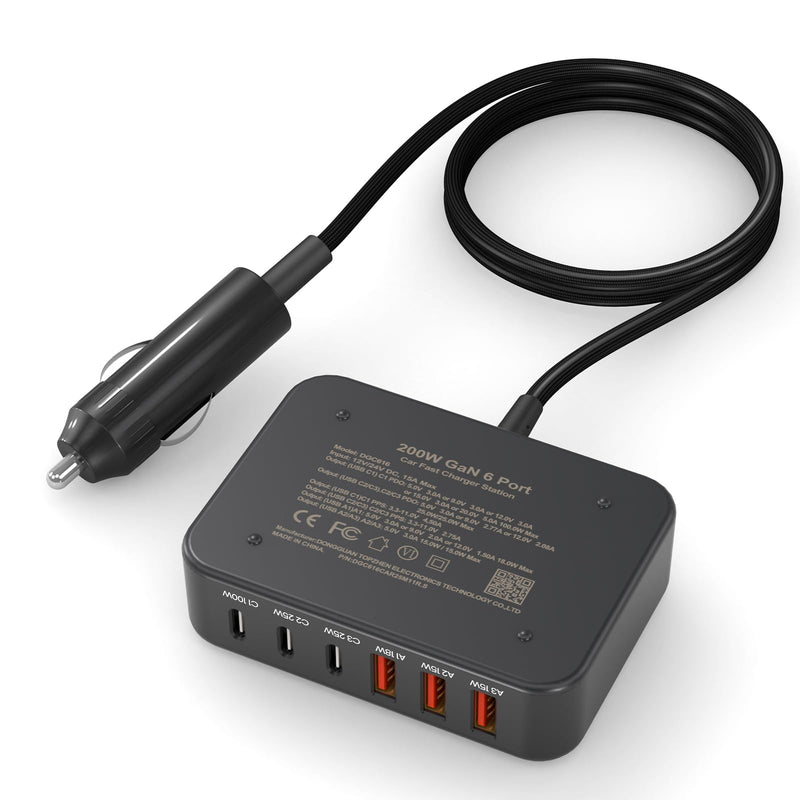 Multi Ports USB Laptop Car Charger, Fast Charge 200w PD3.0 Adapter Compatible with MacBook pro/Lenovo Thinkpad/Dell inspiron/Surface Pro/HP, Cell Phones Tablets and Other USB Devices
