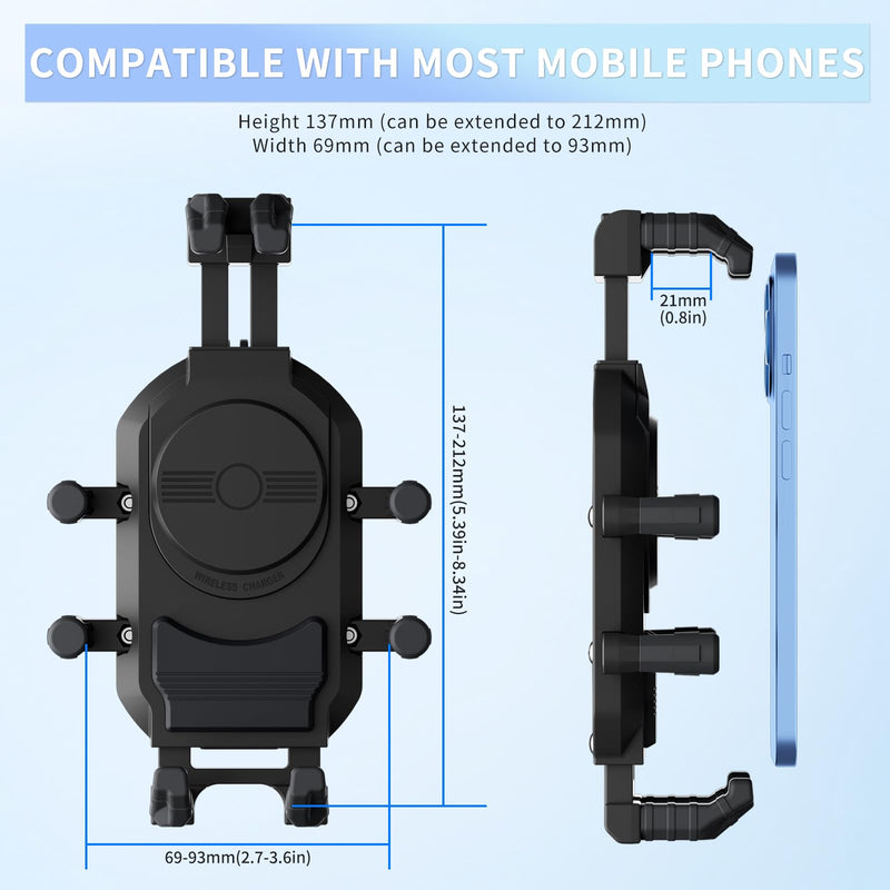 Motorcycle Phone Mount with 15W Wireless Charger & PD/USB-C USB Quick Charger Anti Vibration Theft Motorcycle Phone Holder with Sun Shade for Motorcycles