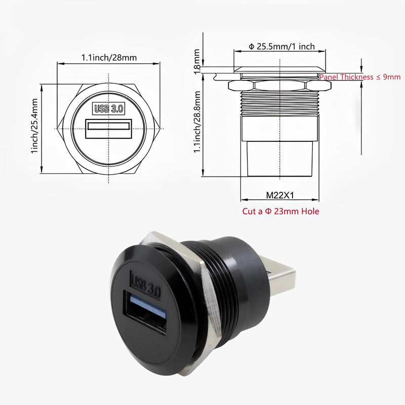 5-Pack USB3.0 Male to Female Panel Mount Adapter, Threaded Socket, 5Gbps | Dust cover included with threaded round socket and nut fixing for 5Gbps data transfer and charging, black 5-Pack Black