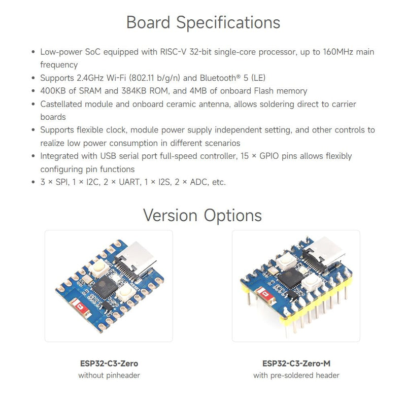 [AUSTRALIA] - Waveshare ESP32-C3 Mini Development Board, Based On ESP32-C3FN4 Single-Core Processor, 160MHz Running Frequency, 2.4GHz Wi-Fi & Bluetooth 5 with Pre-soldered Header 
