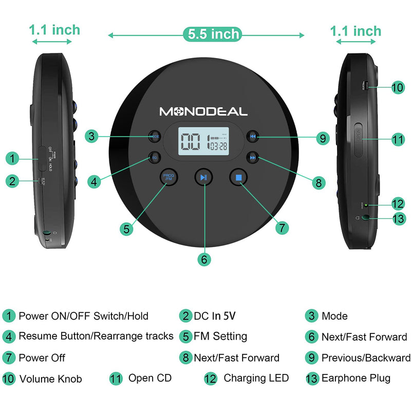 CD Player Portable, MONODEAL Portable CD Player with FM Transmitter, Rechargeable Player for Car for Home Travel with Anti-Skip Protection Compact Player with Headphones