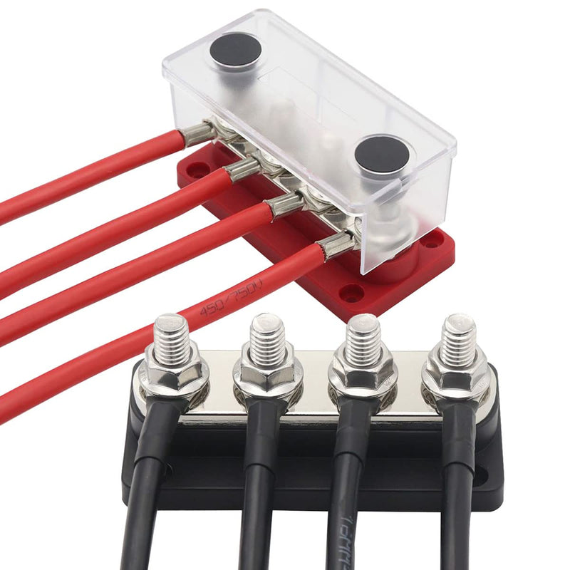 Bus Bar Copper 12V 300A Power Distribution Blocks 4X 5/16" (M8) Terminals Studs 12 Volt Marine Bus Bar Positive & Negative for Car Boat RV Automotive PV Solar System, Red& Black 2 Pack 300A 4X5/16"( M8) Black&Red