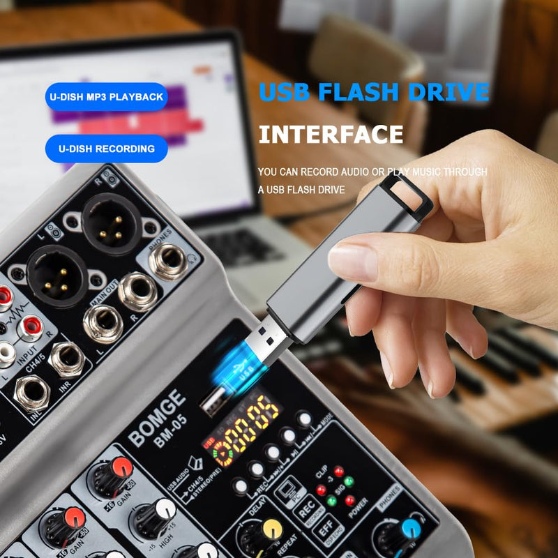 BOMGE Audio Mixer, Sound Board Mixing Console with 5 Channel Digital USB Bluetooth Echo Delay Effect, 48V Phantom Power Stereo DJ Mixers for Recording, Live Streaming, Podcasting (BM-05 5 canales) BM-05 5 canales
