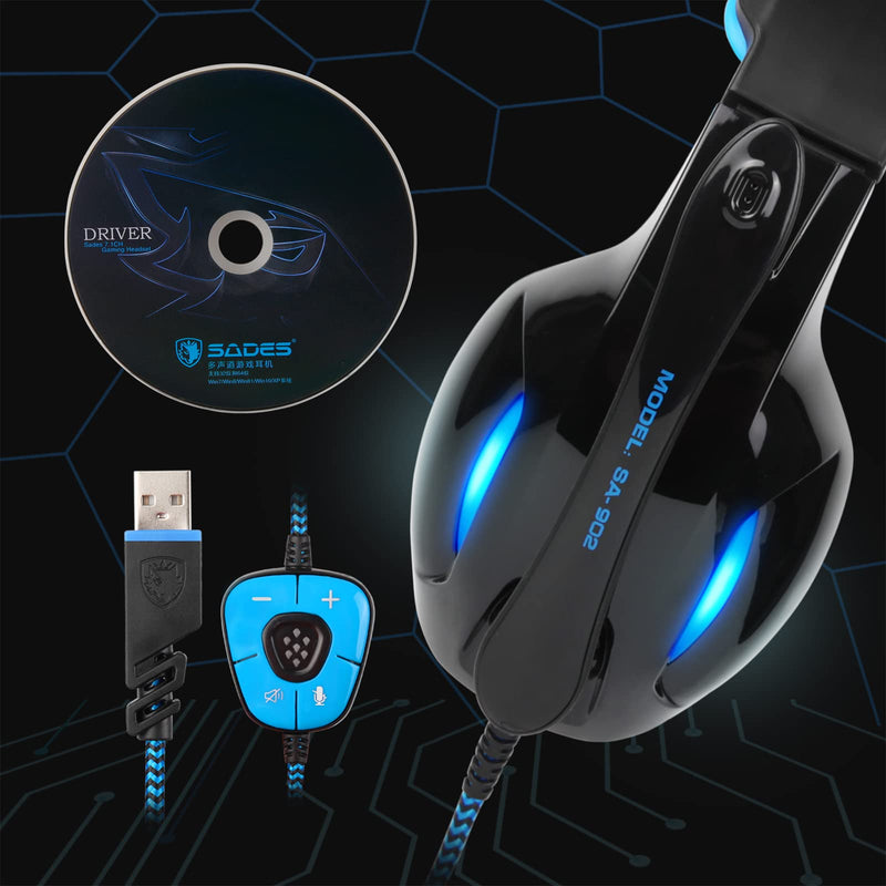 [AUSTRALIA] - SADES SA902 Stereo Gaming Headset 7.1 USB Surround Sound PC Headsets Over-Ear Gaming Headphones with Microphone LED Light Black Blue 