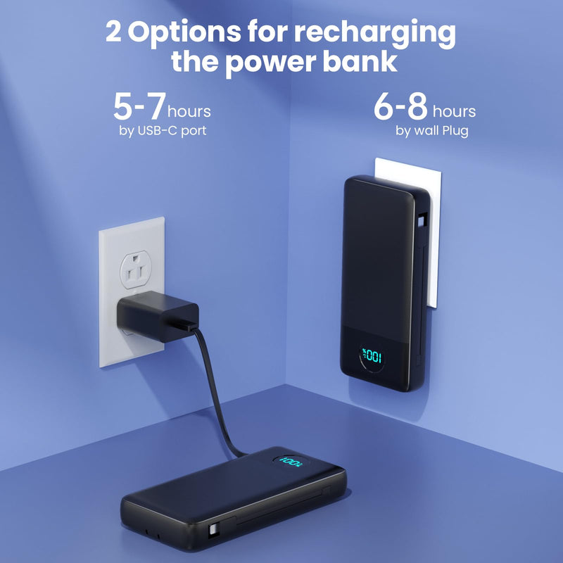 Portable Charger 33800mAh USB C Power Bank with Built-in Cables & AC Wall Plug,25W Fast Charging+QC 4.0 Phone Charger,4 Output LCD Display Battery Pack Compatible with iPhone16/15,Samsung,Android etc Black