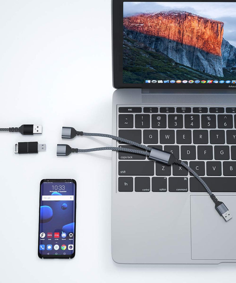 USB Splitter Y Cable 1FT (2-Pack),USB A 1 Male to 2 Female Extension Cord Converter,Dual Double USB Port Extender Hub Data Charger Power Split Adapter for Mac,Car,Xbox One Series X/S,PS4,PS5,Laptop Gray