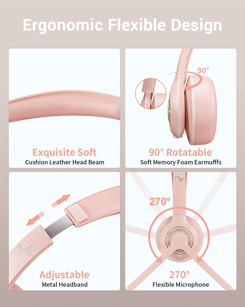 Wireless Headset with AI Noise Cancelling Microphone Bluetooth Headset - Bluetooth V5.2 Headphones with USB Dongle & Mic Mute for Computer/Laptop/PC/iPhone/Android/Cell Phones/Zoom/Ms Teams/Skype-PINK Pink