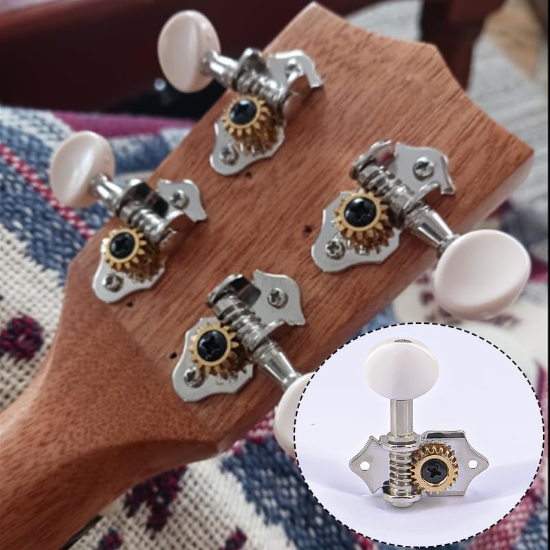 2R2L White-Plated Guitar Tuning Peg Machine Head Tuners For 4 String Ukulele Guitar Bass-Gear Ratio 1:19 Bass Tuning Key Pegs Machine Head Replacement(GC510) GC510