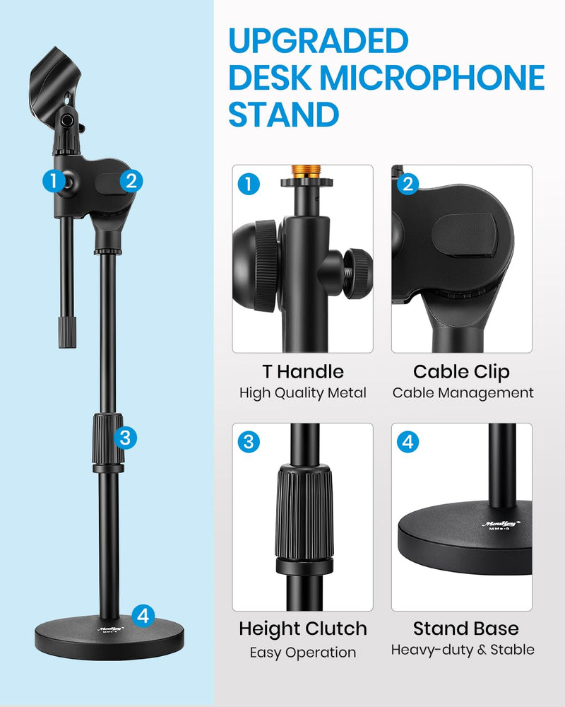 Moukey Mic Stand Desk Adjustable Tabletop Microphone Stand with Non-Slip Mic Clip, Short Table Mic Stand with Gear Fixing, Boom Arm, 3/8" and 5/8" Adapter, MMs-5