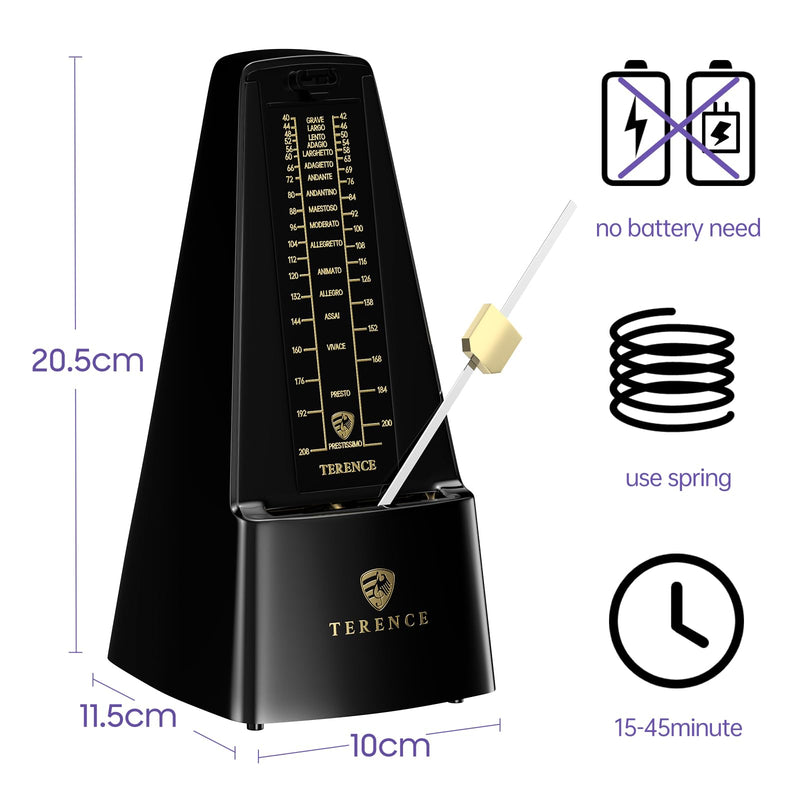 TERENCE Mechanical Metronome for Piano Guitar Violin Bass Drum and Other Musical Instruments Loud Sound and High Precision Track Beat and Tempo, Portable Metronome Gift Teaching for Beginners (Black) Black