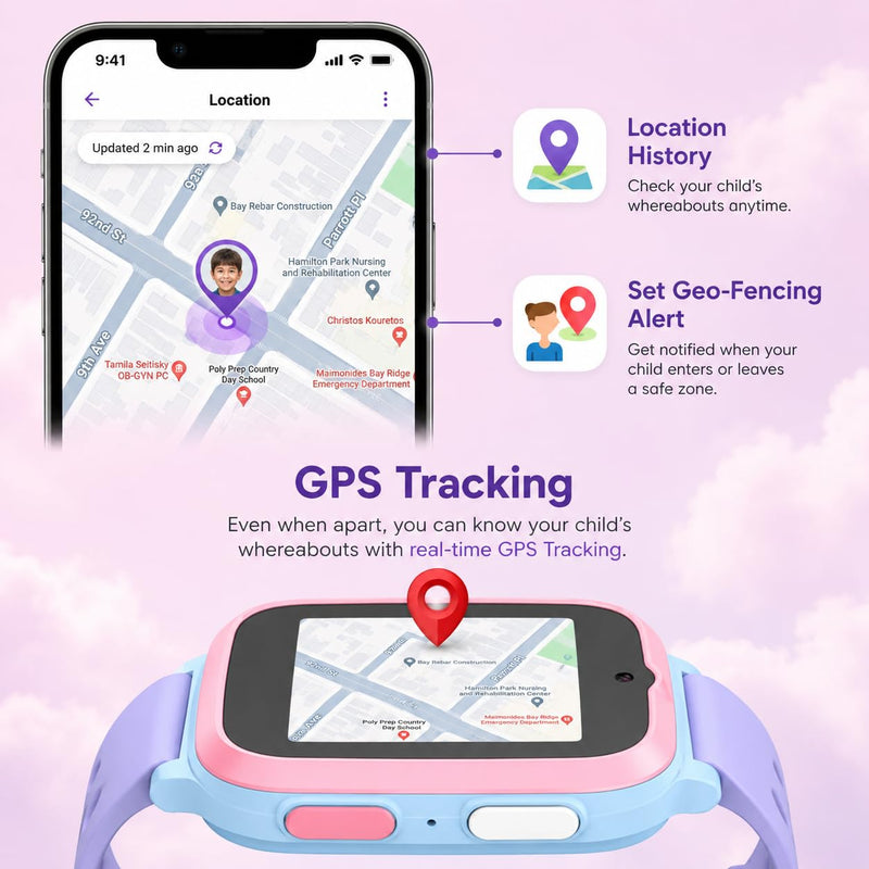 myFirst Fone S3+ Kids Smart Watch 4G GPS Smartwatch for Kids, with eSIM | Video Voice Call, 2MP Camera, GPS Tracking, Text, Waterproof eSIM Dual Band, Gift for Boys Girls Age 8-12 (Cotton Candy) Cotton Candy