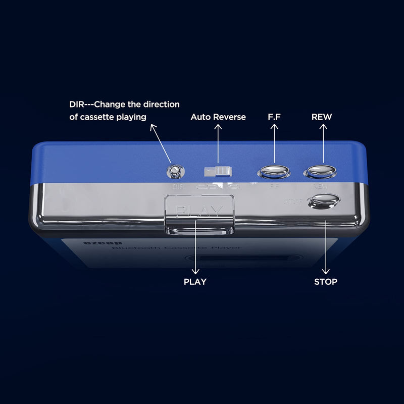 Ezcap Bluetooth Cassette Player, Walkman Tape Player with 3.5mm Jack Headphone and Speaker, Auto Reverse Function, USB Power/AA Battery Power Blue