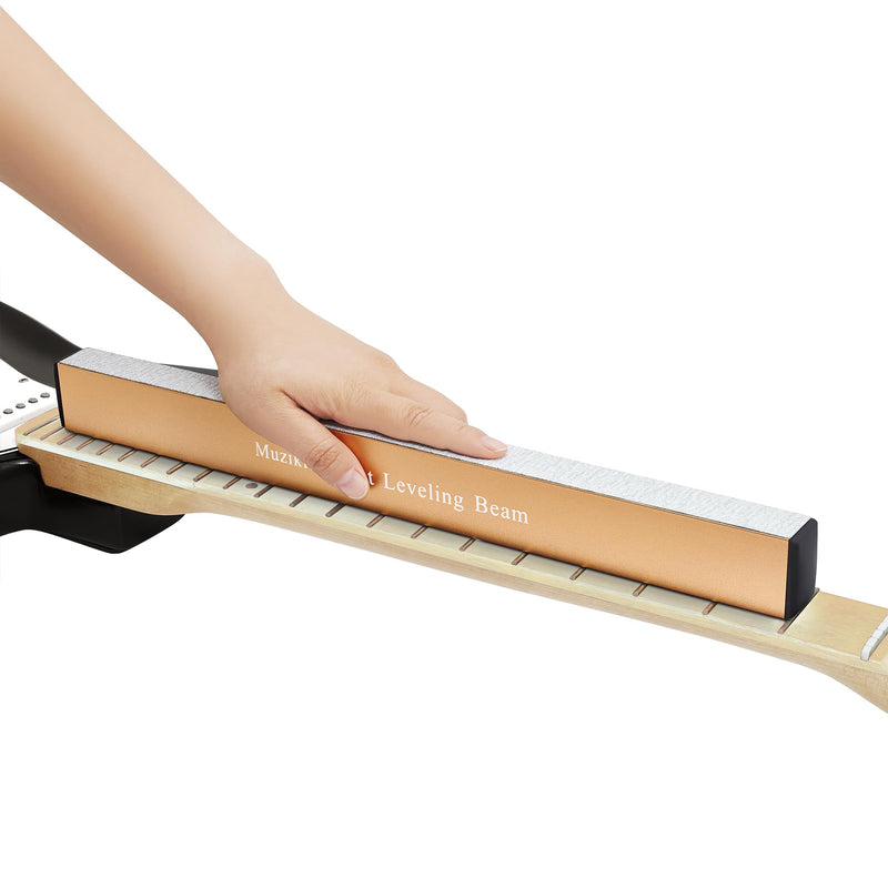 Guitar Fret Leveling Beam, 16 Inch Fret Leveler Sanding Beam, Professional Luthier Fretboard Leveling File Block Repair Tool with 3 Sets of 120/240/320/600 Grit Replacement Sandpaper Gold