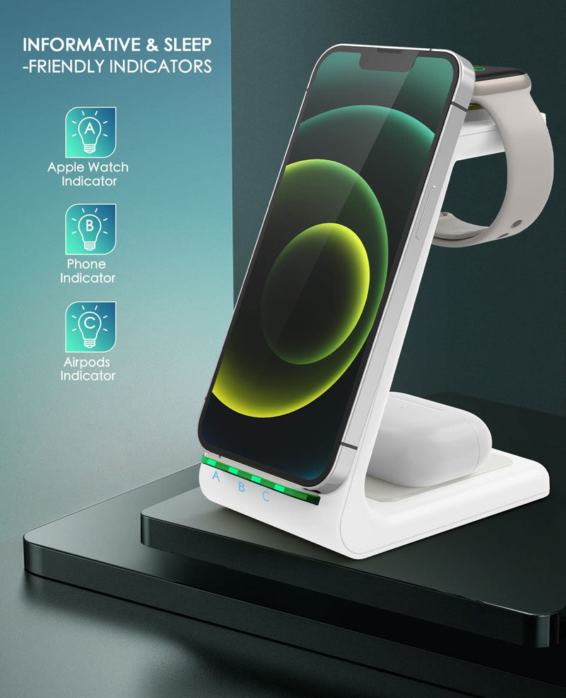 Wireless Charging Station, 3 in 1 Fast Desk Charging Station, Wireless Charger Stand for iPhone 15/14/13/12/11 Pro Max/X/Xs Max/8/8 Plus, AirPods 3/2/pro, iWatch Series 9/8/7/6/5/SE/4/3/2 White