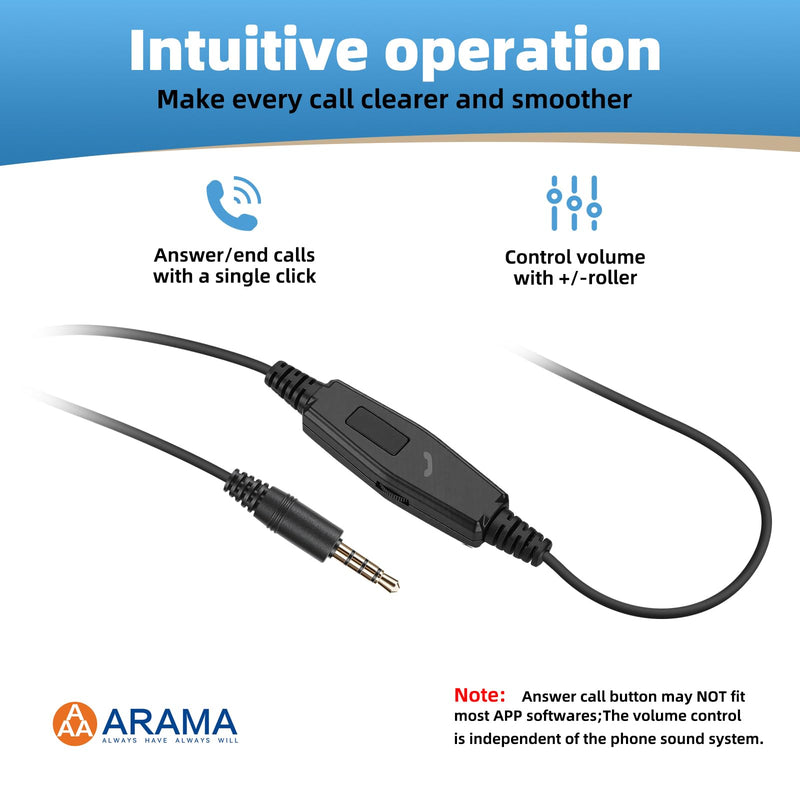 Arama Upgraded Cell Phone Headset with Microphone Noise Cancelling & Call Controls, 3.5mm Wired Headphone for iPhone, Laptop, Samsung, LG, BlackBerry Mobile Phone and iPad Tablet, Call Center Office Black