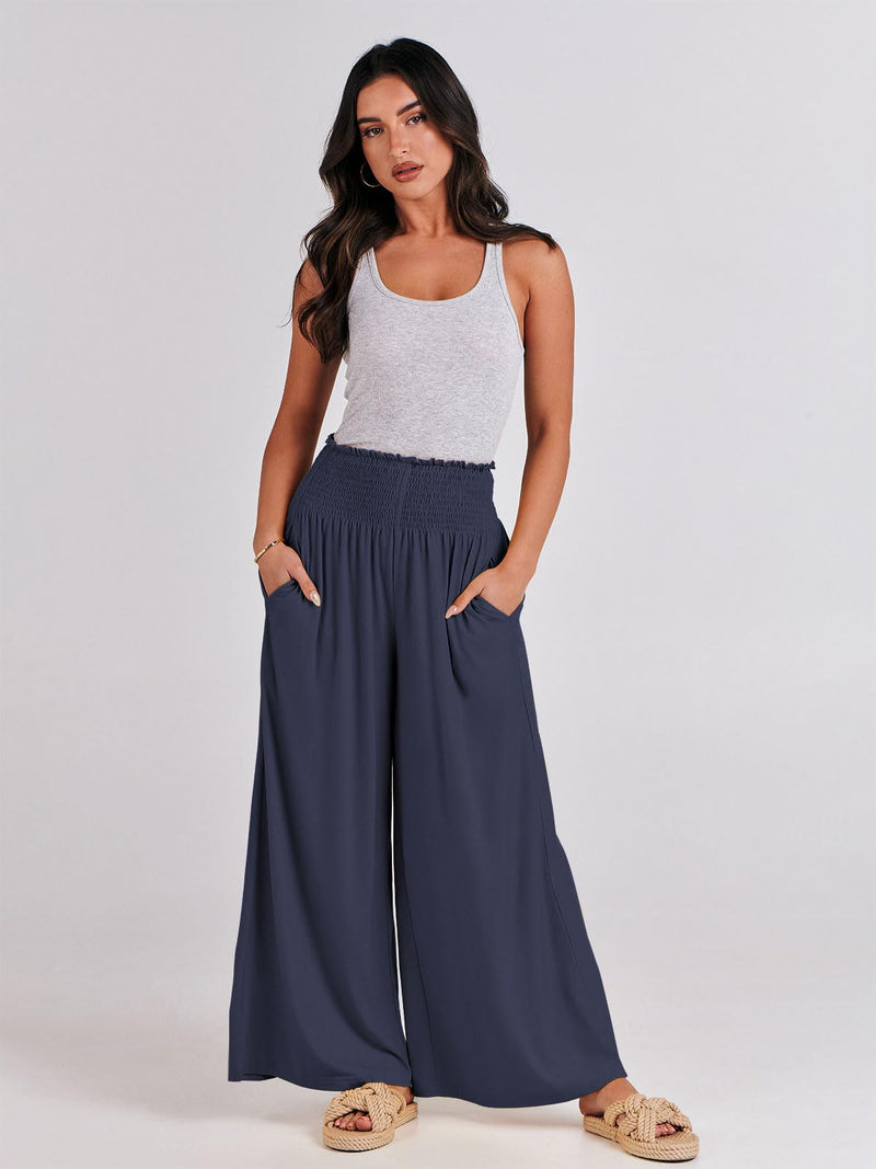 ANRABESS Women Palazzo Pants Summer Boho Bagyy Wide Leg High Smocked Waist Casual Loose Lounge Pant with Pocket X-Large Deep Blue