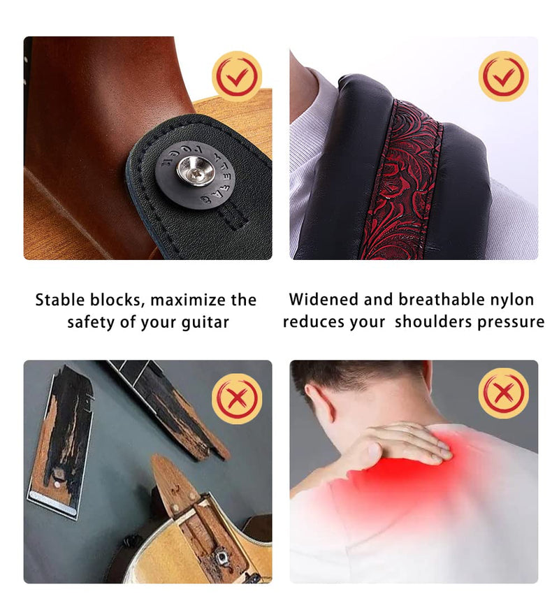 Neoprene Leather Guitar Strap 3.4'' With Carbon Buckle, Leather Top & Back Soft For Bass, Electric Acoustic Guitar Red