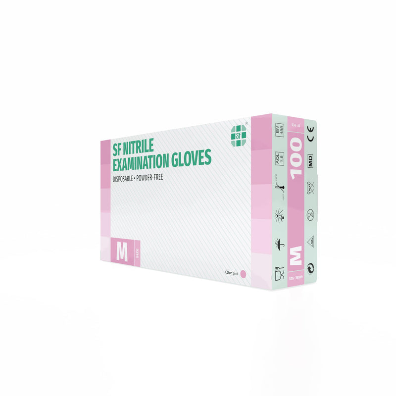 SF Nitrile Gloves M Pink - Pack of 100 Disposable Gloves, Medical Gloves, Powder-Free, Latex Free, Disposable Gloves for Cooking, Cleaning, Medicine, Kitchen, Cosmetics, Household