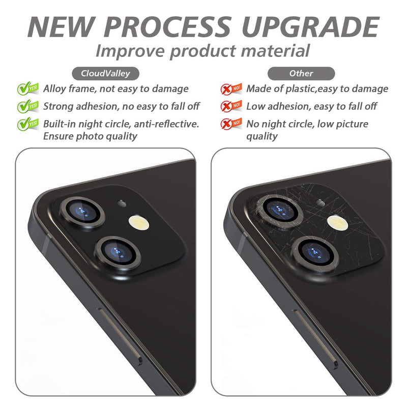 Camera Lens Protector for iphone 12/12 Mini / 11, Tempered Glass Film, Aluminum Alloy Screen Cover, 2 Pack Black, with Cleaning Kit