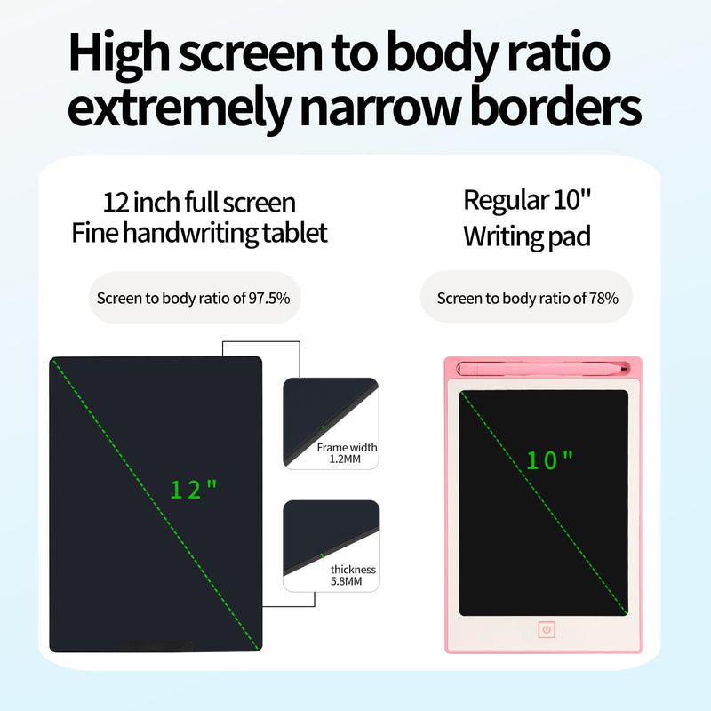12in Rechargeable LCD Writing Tablet, Bezel-Free Type-C Digital Notepad | for Adults Ultra-Slim Lightweight Fine Lines No Palm Marks Office Home School Reusable