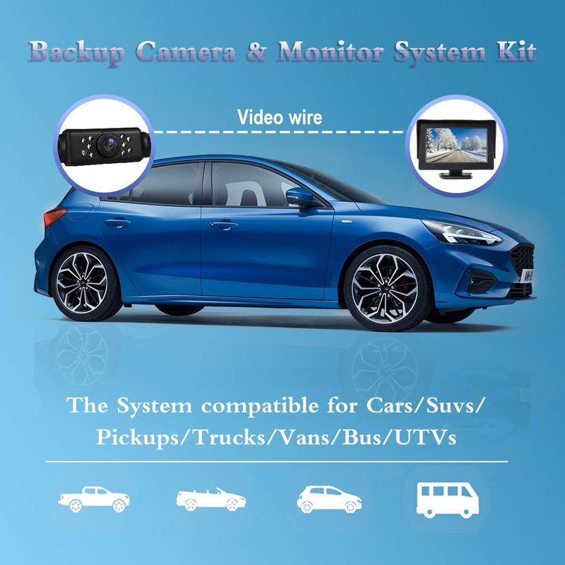 JPP HD Backup Camera and Monitor Kit - 4.3" IPS FHD Color Display, Waterproof Night Vision License Plate Reverse Camera for Car/RV/Truck/Pickup