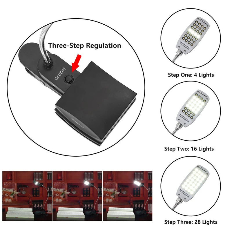 Music Stand Light, Clip on LED Book Lights, USB and AA Battery Operated, Reading Lamp in Bed, 3 Brightness Levels, Ideal for Musician, Piano Player, Kids, Travel, Black