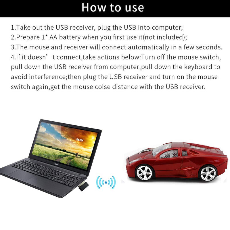 jinfili 2.4GHz Sports Car Wireless Mouse Optical Cool 1600DPI 3D USB Wireless Gaming Mice for Pc Laptop Windows 10 Red
