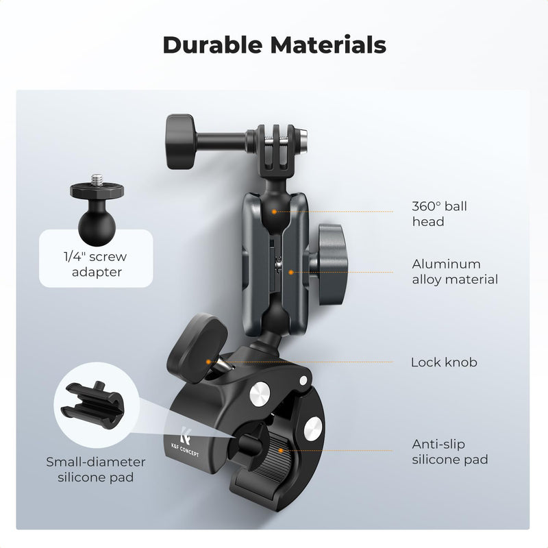 K&F CONCEPT Super Clamp Camera Mount with 360° Dual Ball Head, Bike/Motorcycle Handlebar Mount Compatible with DJI Action 6/5/4/3, Hero 13/12/11/10, 360 X5 X4 Super Clamp with Phone Holder