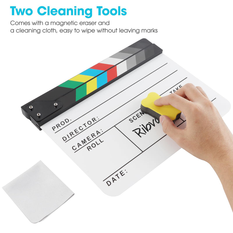 Acrylic Movie Film Directors Clapboard, Photography Video TV Cut Action Scene Slate Clapper Board Props with a Magnetic Blackboard Eraser, Two Custom Pens, Cleaning Cloth and Hex Wrench, White