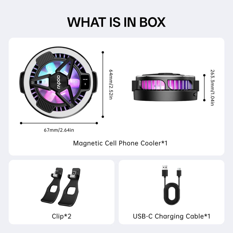 Rapoo MC05 Phone Cooler for Gaming and Streaming, Semiconductor Cooling Technology, Low-Noise, 15W Magsafe Wireless Charger, RGB Cooling Fan with Removable Grip, Compatible with iPhone Magsafe Series