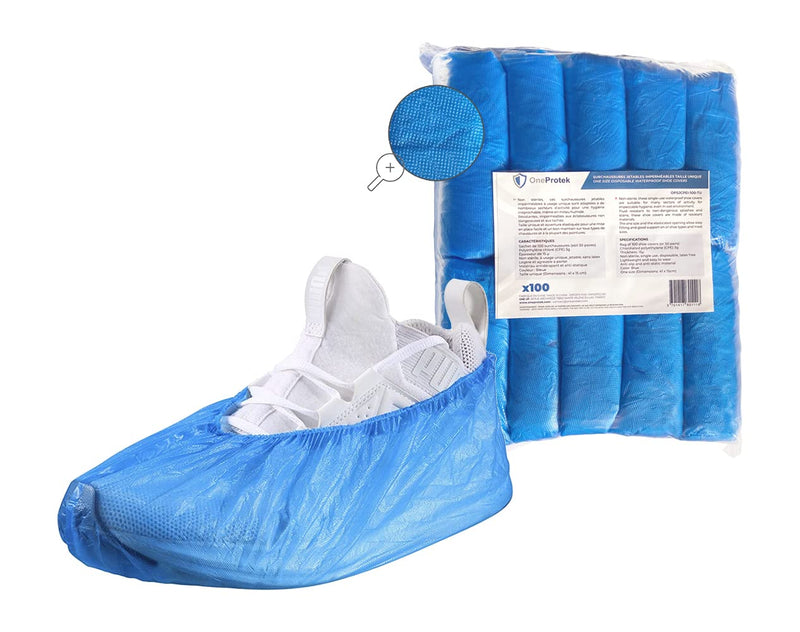 100 x OneProtek Waterproof Disposable Overshoes, Waterproof, Non-Slip, Tear Resistant, Polyethylene Overshoes, Blue, One Size 1