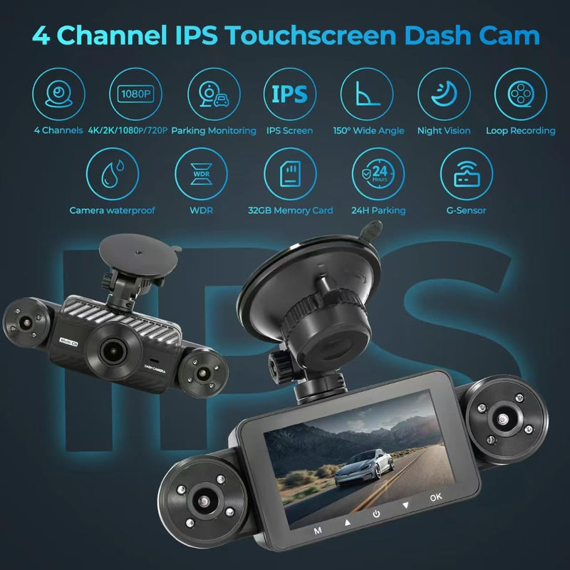 [AUSTRALIA] - 4 Channel Dash Cam 360° View, Include Front & Rear Left Right Camera Support 4 Way Recording, 32GB Card, 3” IPS Screen/Night Vision/WDR/24H Parking/G-Sensor（2G/4G/8G / 3 Split Screen (4 Channel) 