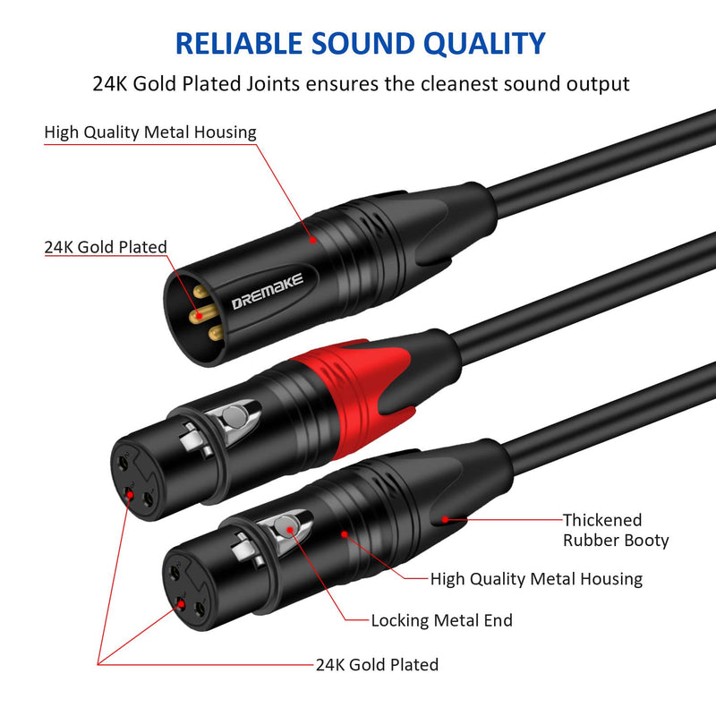 DREMAKE Balanced XLR Microphone Y Splitter Audio Cable, XLR Male to Dual XLR Female Y Cord, 3-Pin XLR Male to Double XLR Female Mic Adapter Converter Cable 6 Feet 2 Female to 1 Male XLR Plug