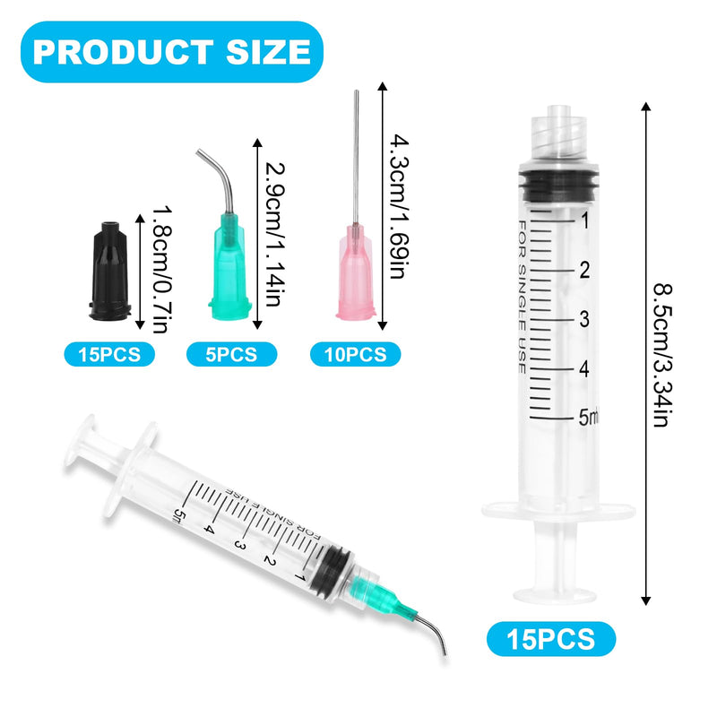 45 Pieces 5 ml Syringe Kit, 15 Pieces Syringes with 15 Blunt Needles, Syringe 5 ml Colostrum Syringe with Cap Dosing Syringe Liquid Syringe for Laboratory Animal Feeding, Plant Watering 5ml