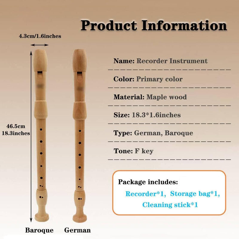 Recorders Instrument, German Recorders 8 Holes for Beginners, Baroque Recorders 3 Piece for Professional, Maple Wood F Key Alto Flute Instrument, with Cleaning Stick,Storage Bag Barque Style