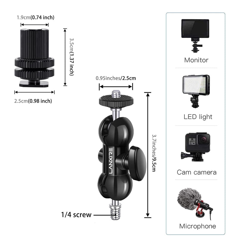 [AUSTRALIA] - 1/4" Screw Double Ball Head Magic Arm, Camera Hot Shoe Mount Adapter, Double Nut with 1/4" and 3/8" Aluminum Alloy Tripod Screw Flash Shoe Mount for Microphone, Monitors, LED Light 