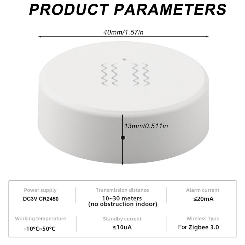 Vibration Sensor for Tuya Zig-bee Smart Vibration Sensor Tilt Sensor Real Time Monitoring Alarm Adjustable Sensitivity 40 x 40 x 13 mm