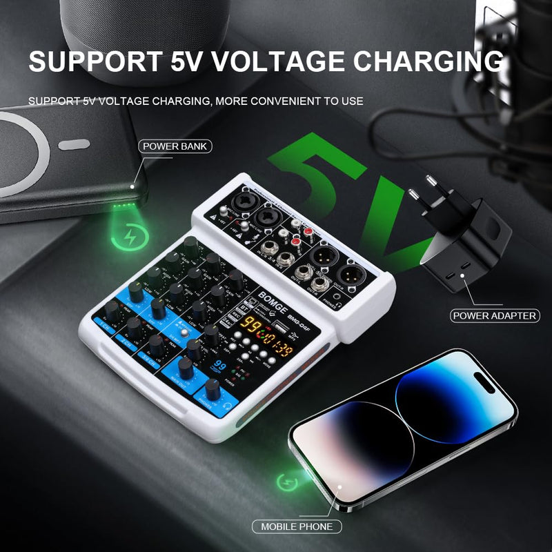 BOMGE 4 Channel mini DJ Audio Sound Mixer Interface with MP3、 USB, Bluetooth, Stereo Recording, 48V Phantom Power, 99 DSP for karaoke, performance, church singing 、 podcas streaming- white WHITE-04F