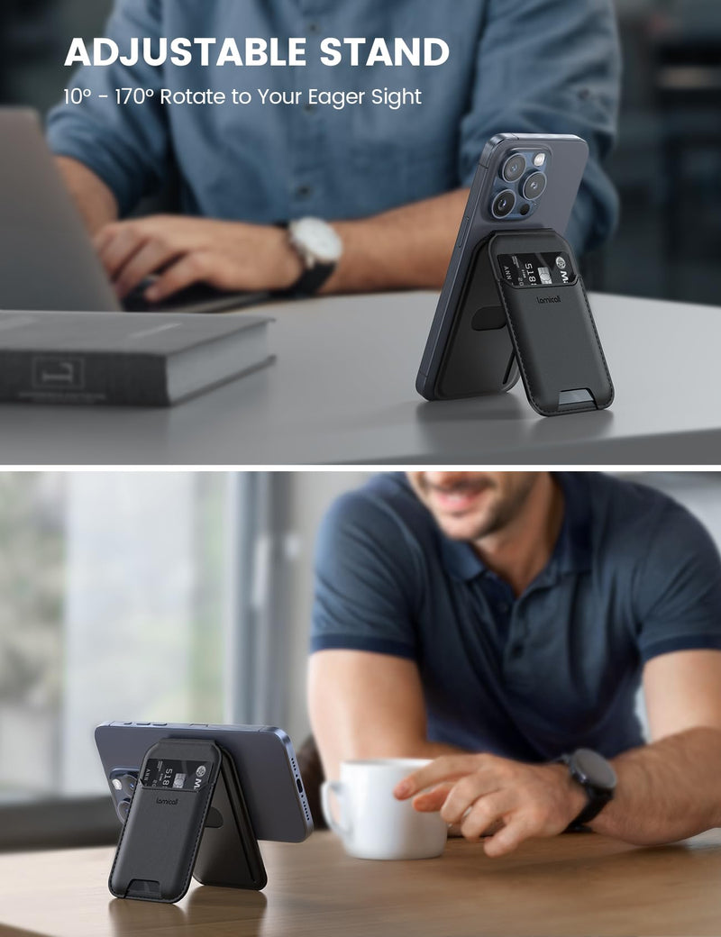 Lamicall 2.3oz Light for Magsafe Wallet Stand - Slim Phone 3 Cards Holder, Adjustable Leather Apple iPhone Wallet Stand, Magnetic for iPhone 15/14/13/12 Series, Not for Mini, Mag Safe Accessories Black